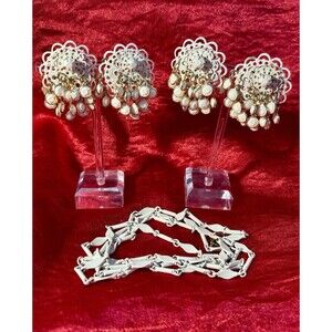 Vintage Filigree Cha Cha Cascading Layered White Enamel Clip Earrings- 2 PAIR